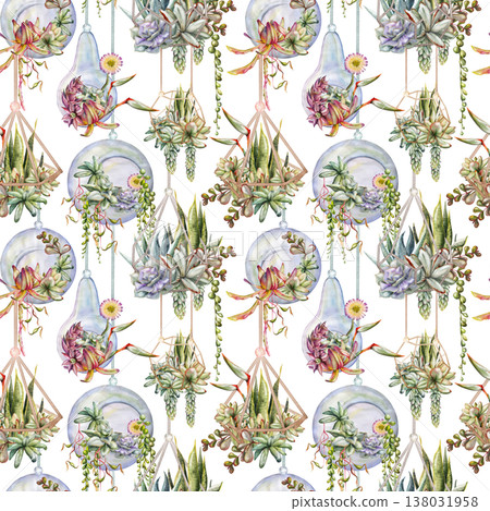 Watercolor rosette succulents in metal frames, glass orbs and bulbs. Terrarium hanging gardens isolated hand drawn illustration. Seamless pattern for planners, journals, design studio print materials. Watercolor rosette succulents in metal frames, glass orbs and bulbs. Terrarium hanging gardens isolated hand drawn illustration. Seamless pattern for planners, journals, design studio print materials. 138031958