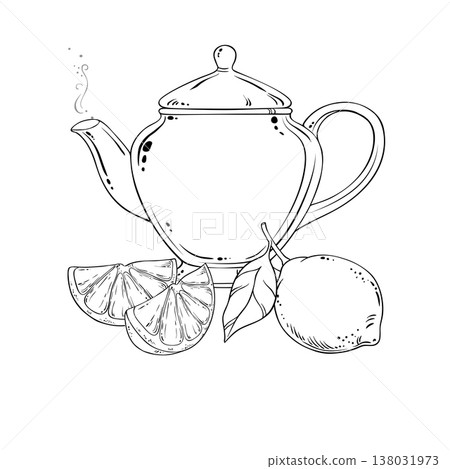 Lemon Tea in Teapot Outline Illustration. 138031973