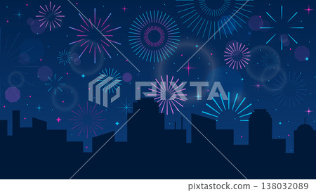 urban skyline at night with fireworks 138032089