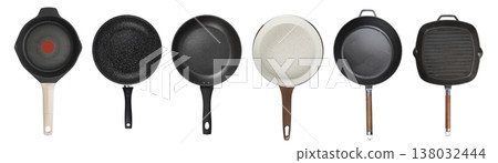 Collection of different frying pans isolated on white background Collection of different frying pans isolated on white background 138032444