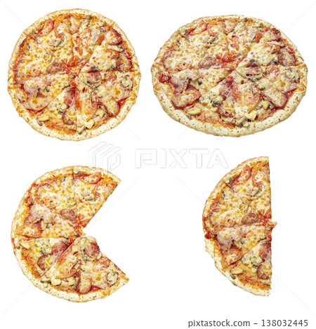 A professional set of tasty pizzas featuring two whole pizzas A professional set of tasty pizzas featuring two whole pizzas 138032445