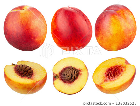 Collection of ripe nectarine fruits isolated on white background. 138032525