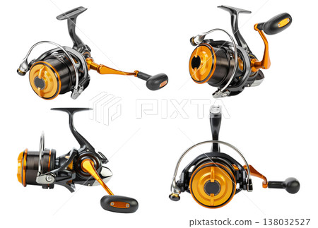 Modern spinning fishing reel in black and gold colors designed for feeder and carp fishing. Modern spinning fishing reel in black and gold colors designed for feeder and carp fishing. 138032527