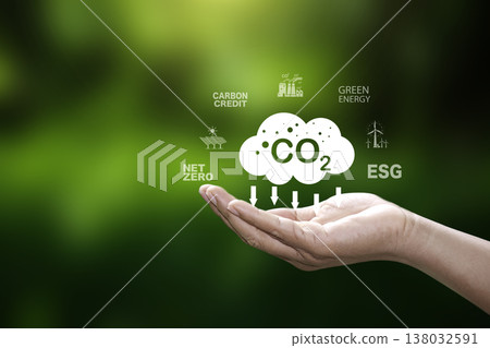 Carbon Footprint Reduction Concept with Hand Holding CO2 Icon, Net Zero, ESG, Carbon Credit and Green Energy on Green Background 138032591