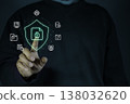 Cyber security concept with digital shield and protected data file icon on virtual network interface 138032620