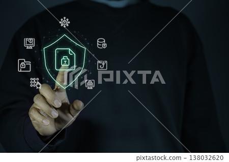 Cyber security concept with digital shield and protected data file icon on virtual network interface 138032620