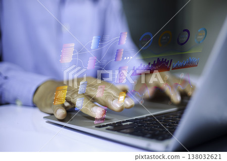 Hands working on laptop with floating data analytics, AI modules and performance charts. Concept of big data, artificial intelligence, business intelligence, digital transformation and technology. 138032621