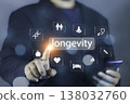 Medical longevity concept showing a doctor hand touching a glowing virtual interface with the word longevity on a blue technology background. Ideal for healthcare innovation, wellness, 138032760