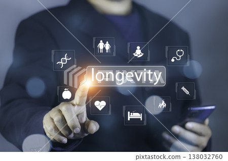 Medical longevity concept showing a doctor hand touching a glowing virtual interface with the word longevity on a blue technology background. Ideal for healthcare innovation, wellness, Medical longevity concept showing a doctor hand touching a glowing virtual interface with the word longevity on a blue technology background. Ideal for healthcare innovation, wellness, 138032760