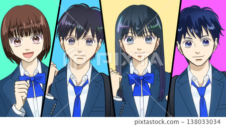 Anime-style illustrations of students cheering with smiles Anime-style illustrations of students cheering with smiles 138033034