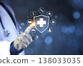 Medical longevity concept showing a doctor hand touching a glowing virtual interface with the word longevity on a blue technology background. Ideal for healthcare innovation  wellness, 138033035