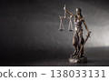 A bronze statue of Lady Justice on a dark, textured background with strong side lighting that highlights her details and symbolism. The composition, with free space on the left, is ideal for 138033131
