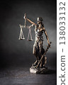 A bronze statue of Justice stands against a dark, textured background with dramatic side lighting. The figure holds scales symbolizing justice in one hand and a sword in the other, her eyes covered by 138033132