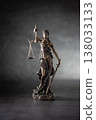A bronze statue of Justice stands against a dark, textured background with dramatic side lighting. The figure holds scales symbolizing justice in one hand and a sword in the other, her eyes covered by 138033133