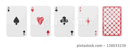 Playing cards design set with back side. Ace of Spades, Hearts, Diamonds and Clubs. Vector illustration Playing cards design set with back side. Ace of Spades, Hearts, Diamonds and Clubs. Vector illustration 138033230