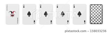 Set of high value playing cards of Spades. Joker, Ace of Spades, Queen, Jack and King. Playing cards design set with back side. Vector illustration 138033236