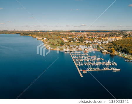 Germany- Saxony- Leipzig- Aerial view of marina on Cospudener See lake Germany- Saxony- Leipzig- Aerial view of marina on Cospudener See lake 138033241