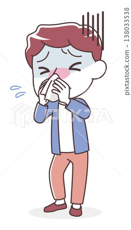Illustration of a man blowing his nose with a tissue (cold, runny nose, hay fever) 138033538