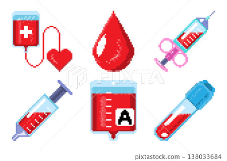 Blood donation pixel art icons set including blood bags, syringes, test tubes, and heart symbols for medical and healthcare concepts. Vector illustration. 138033684