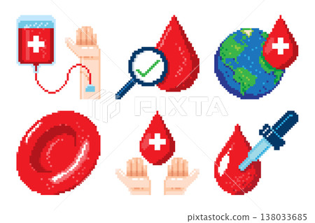 Blood donation pixel art icons set including blood bags, hands, earth globe, red blood cells, and magnifying glass for health screening and global charity. Vector illustration 138033685
