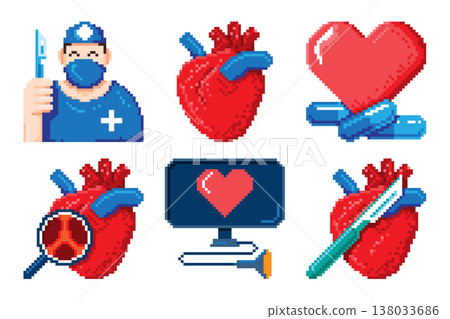 Heart surgery pixel art icons set including a surgeon, anatomical heart, scalpel, echocardiogram, and pills for cardiology concepts. Vector illustration. 138033686