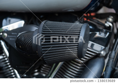 High performance motorcycle air filter cone on engine High performance motorcycle air filter cone on engine 138033689