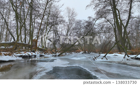 Meandering river flood forest wetland in winter melting snow thin ice frost water aerial drone view shot fallen died trees or wood, clear clod water. Dynamic floodplain forest Litovelske Pomoravi Meandering river flood forest wetland in winter melting snow thin ice frost water aerial drone view shot fallen died trees or wood, clear clod water. Dynamic floodplain forest Litovelske Pomoravi 138033730