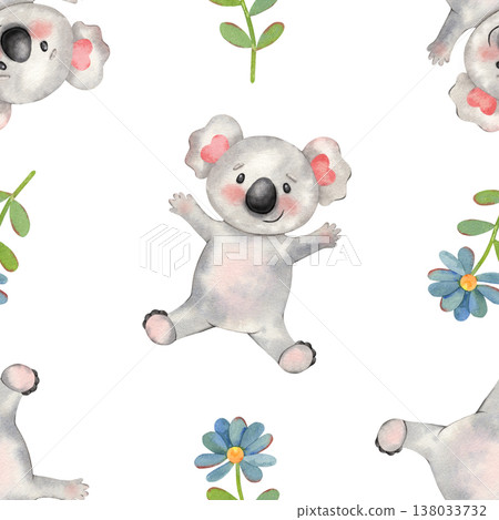 Hand-painted watercolor seamless pattern with funny koala and blue flower isolated on white. Cute, playful design perfect for kids products, nursery decor, textiles, packaging, stationery, branding Hand-painted watercolor seamless pattern with funny koala and blue flower isolated on white. Cute, playful design perfect for kids products, nursery decor, textiles, packaging, stationery, branding 138033732