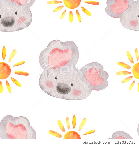 Hand-painted watercolor seamless pattern with flat funny koala and sun isolated on white. Cute, playful design perfect for kids products, nursery decor, textiles, packaging, stationery, branding Hand-painted watercolor seamless pattern with flat funny koala and sun isolated on white. Cute, playful design perfect for kids products, nursery decor, textiles, packaging, stationery, branding 138033733