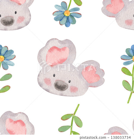 Hand-painted watercolor seamless pattern with funny koala and blue flower isolated on white. Cute, playful design perfect for kids products, nursery decor, textiles, packaging, stationery, branding Hand-painted watercolor seamless pattern with funny koala and blue flower isolated on white. Cute, playful design perfect for kids products, nursery decor, textiles, packaging, stationery, branding 138033734