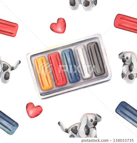 Hand-painted watercolor pattern with colorful clay set, sculpted dog, heart on white background. Cute, playful design perfect for kids products, crafts branding, packaging, textiles, nursery education Hand-painted watercolor pattern with colorful clay set, sculpted dog, heart on white background. Cute, playful design perfect for kids products, crafts branding, packaging, textiles, nursery education 138033735