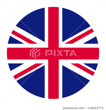 Flag of the United Kingdom in a circle shape. British national emblem in blue, red, and white. Flag of the United Kingdom in a circle shape. British national emblem in blue, red, and white. 138033773