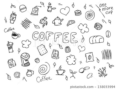 Coffee doodle elements, hand drawn coffee cups and bakery line art set 138033994