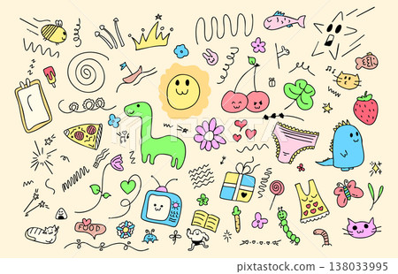 Kids Fun Doodle Elements Set, Cute Hand Drawn Colorful Sketch with Bee, Crown, Dinosaur, Cherry, TV, Cat, Gift, Pizza, Playful Symbols. Kawaii Outline Collection for Kids Design, Stickers, Posters. Kids Fun Doodle Elements Set, Cute Hand Drawn Colorful Sketch with Bee, Crown, Dinosaur, Cherry, TV, Cat, Gift, Pizza, Playful Symbols. Kawaii Outline Collection for Kids Design, Stickers, Posters. 138033995