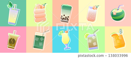 Tropical beverage vector set with colorful cocktails, bubble tea and fresh drinks on pastel backgrounds Tropical beverage vector set with colorful cocktails, bubble tea and fresh drinks on pastel backgrounds 138033996