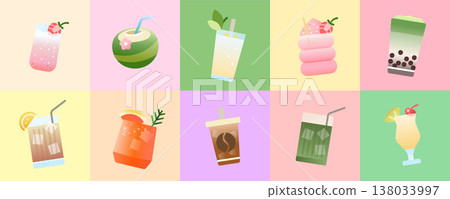 Cute Summer Drinks Vector Set, Gradient Beverage Collection with Matcha Bubble Tea, Iced Coffee, Coconut Drink, Lemonade, Smoothie and Tropical Cocktails. Sweet Colorful Refreshment Illustrations. 138033997