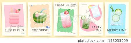 Summer Drink Poster Set. Cute Pastel Beverage Templates with Coconut, Berry Soda, Lime Cocktail and Refreshing Tropical Mocktails. Minimal Cafe Flyer Collection for Menu Design, Wall Art, Social Medi 138033999