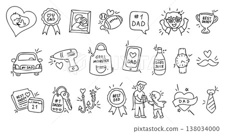 Fathers Day line art doodle icons, Best Dad celebration sketch set 138034000
