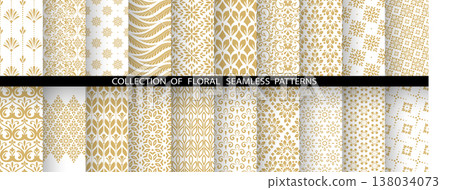 Geometric floral set of seamless patterns. White and golden vector backgrounds. Damask graphic ornaments Geometric floral set of seamless patterns. White and golden vector backgrounds. Damask graphic ornaments 138034073