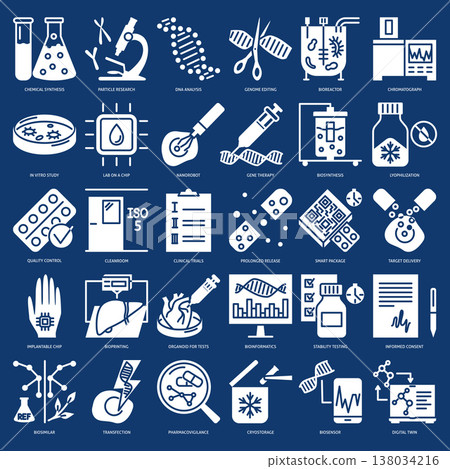 Innovative pharmaceutics and medicine technologies icon set Innovative pharmaceutics and medicine technologies icon set 138034216