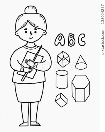 Cute Female Teacher Doodle. Woman with Pointer and Alphabet and Geometric Shapes. Isolated Outline Hand Drawn School Geometry Lesson on White Background. Vector Illustration Line Art. Cute Female Teacher Doodle. Woman with Pointer and Alphabet and Geometric Shapes. Isolated Outline Hand Drawn School Geometry Lesson on White Background. Vector Illustration Line Art. 138034257