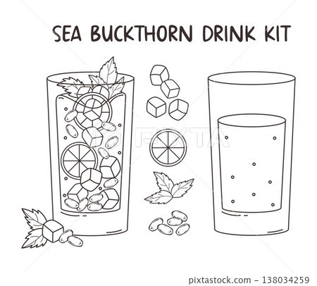 Sea Buckthorn Iced Drink Set. Cocktail Ingredients with Glass, Berries, Ice Cubes, Lime and Mint Leaves. Vector Illustration. Isolated Outline Hand Drawn. Beverage Menu Recipe Element Sea Buckthorn Iced Drink Set. Cocktail Ingredients with Glass, Berries, Ice Cubes, Lime and Mint Leaves. Vector Illustration. Isolated Outline Hand Drawn. Beverage Menu Recipe Element 138034259