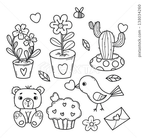 Cute Love and Romance Doodle Set. Outline Potted Flowers, Cactus, Teddy Bear, Bird, Valentine Day letter and Cupcake. Vector Illustration. Line Art holiday drawing isolated on white Background. Cute Love and Romance Doodle Set. Outline Potted Flowers, Cactus, Teddy Bear, Bird, Valentine Day letter and Cupcake. Vector Illustration. Line Art holiday drawing isolated on white Background. 138034260