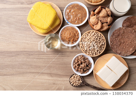 Assorted soy products on wooden background Assorted soy products on wooden background 138034370
