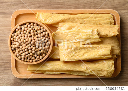 Dried bean curd skin or Yuba sheets, traditional Asian food ingredient, Top view Dried bean curd skin or Yuba sheets, traditional Asian food ingredient, Top view 138034381