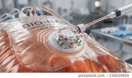 Injecting liquid into a transparent single-use bioreactor bag in a laboratory setting. Ideal for bioprocessing and cell culture 138034609