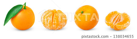 Ripe organic mandarin, tangerine or clementine fruit with green leaf and peeled mandarin and half of tangerine isolated set. Ripe organic mandarin, tangerine or clementine fruit with green leaf and peeled mandarin and half of tangerine isolated set. 138034655