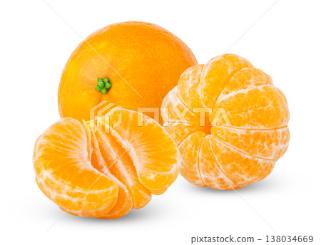 Tangerine citrus fruits with mandarin half and peeled slices isolated . 138034669