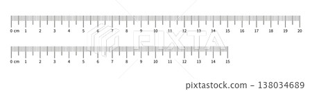 Set of measuring chart with 15cm and 20 centimeters. Length measurement height, math, distance, Sewing tool. Collection of ruler scale 150 mm and 200mm with numbers. Templates of ruler scale. 138034689