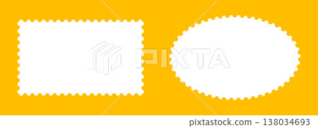 Backdrops for postcards or letters with empty borders. Postage stamp template frames. Circle or oval and rectangular vintage blank stamps. Coupon, label, tag, box with wavy, wiggly perforated edges. 138034693
